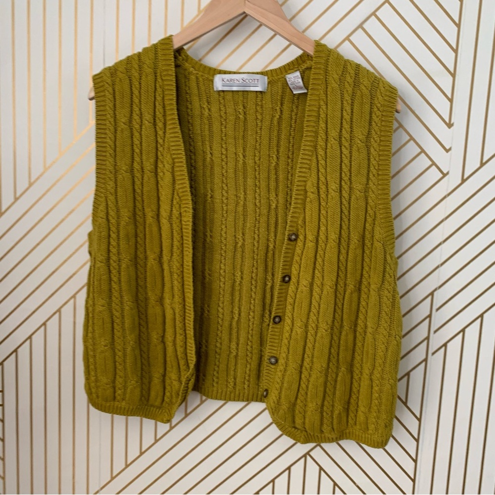 Vintage Karen Scott Fairy Core Forest Nymph Cable knit Sweater Vest Chartreuse L - Picture 10 of 11